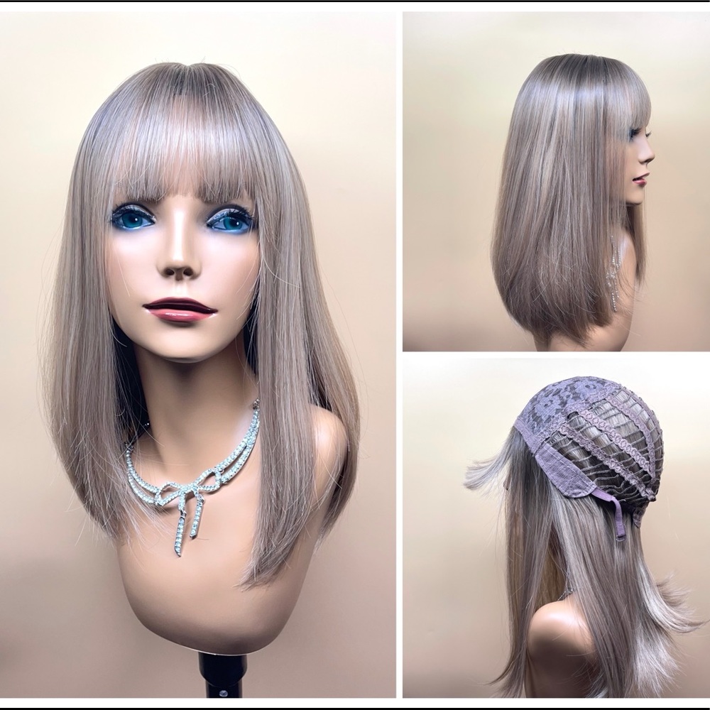 16” long shoulder length synthetic Ombre ash blonde bangs wig